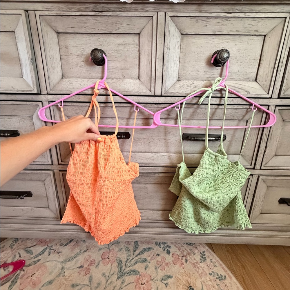 Old Navy Smocked Halter Crop Top - Bright Orange & Green